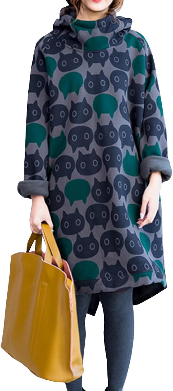 Amazon Co Jp パーカー ワンピース レディース 猫柄 加絨 スウェット トレーナー 長袖 ゆとり 着やせ 大サイズ 厚い 服 ファッション小物