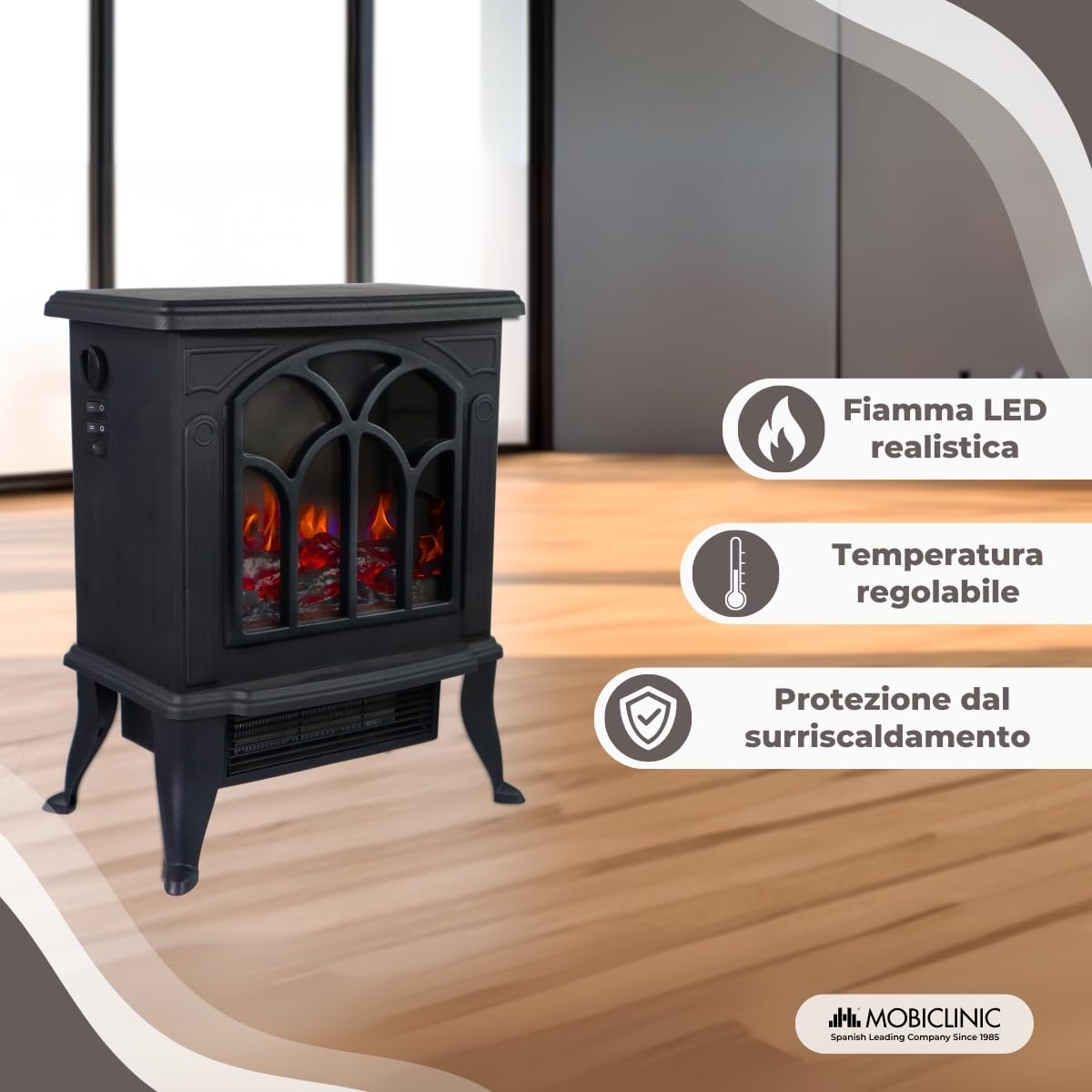 Mobiclinic®, Caminetto elettrico portatile da pavimento, 900/1800w, Protezione contro il surriscaldamento, Leggero, Decorativo, Fiamma 3d, Temperatura regolabile, Ira, Per stanze 25 m2