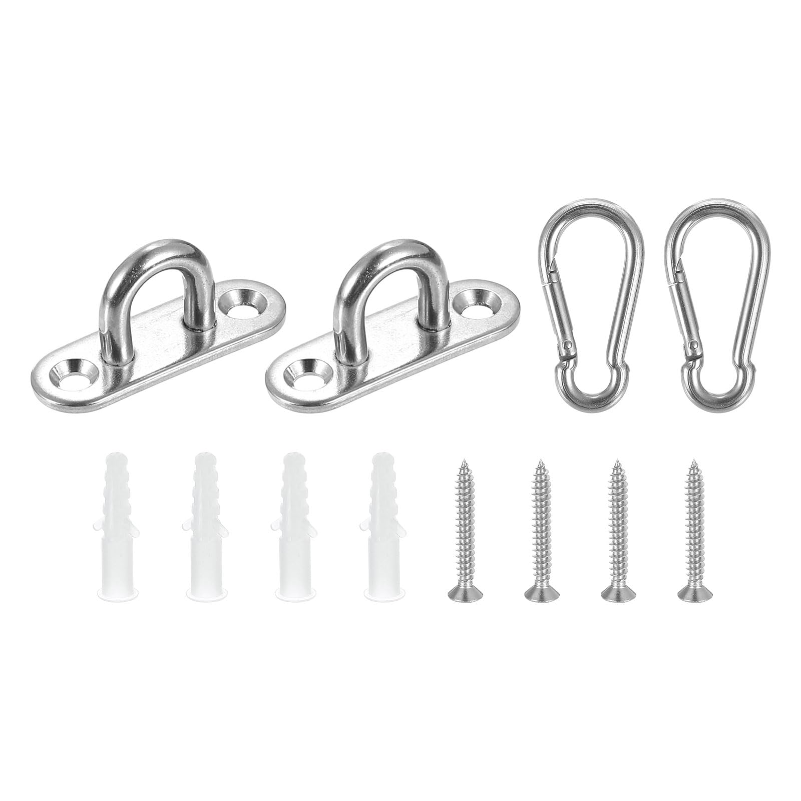 uxcell 2 Pcs Pad Eye Plate, 1.8 Inch 304 Stainless Steel Ceiling Hooks & Snap Hook Marine Hanging U Hook with Screws & Anchors for Securing Hanging, Silver