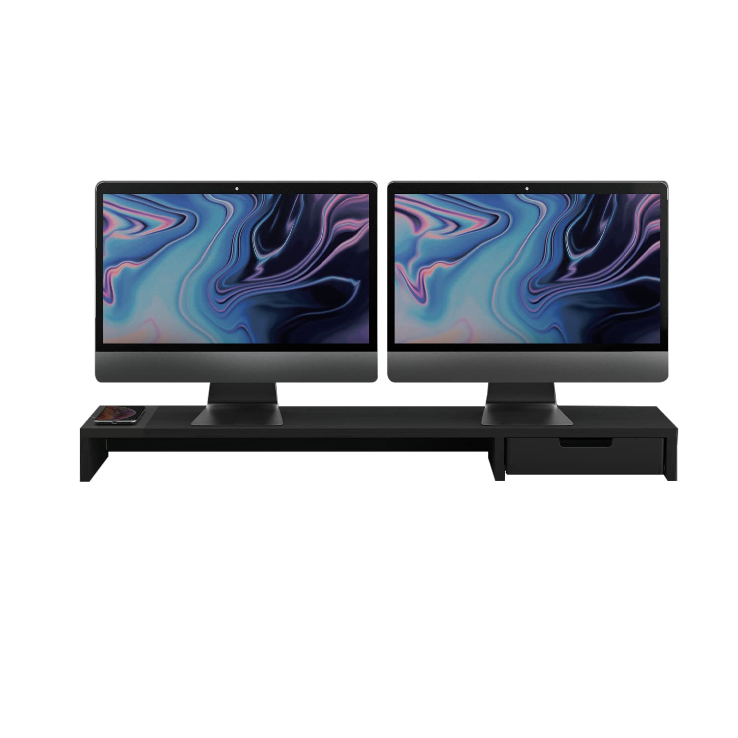 POUT E9 Dual Monitor Stand with Drawer - Wireless Charger and USB Hub (Deep Black)