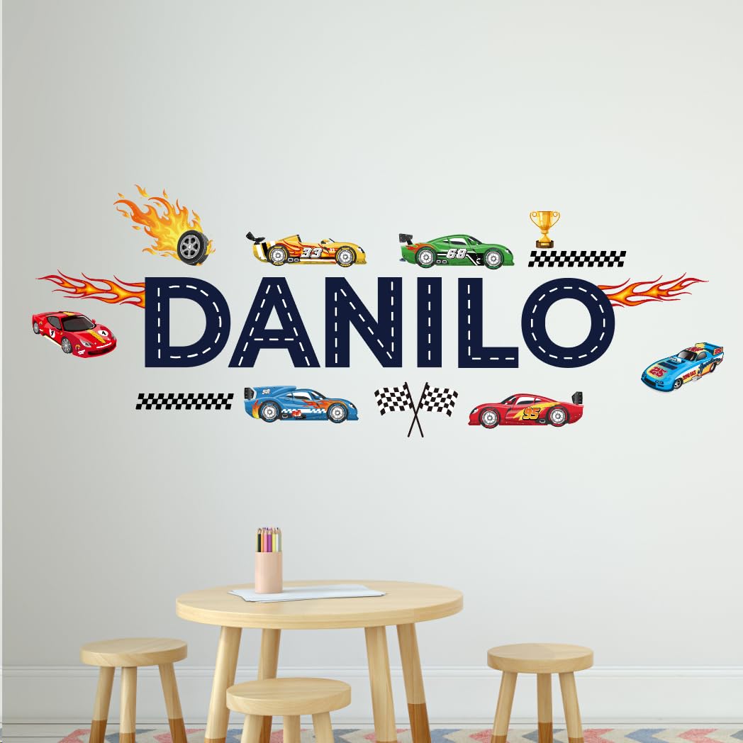 TalkkMyWall Race Cars Wall Decal for Boys Room - Custom Name Car Bedroom Decor - Car Themed Room Decor - Race Car Sticker - Racing Car Boy Room Decal