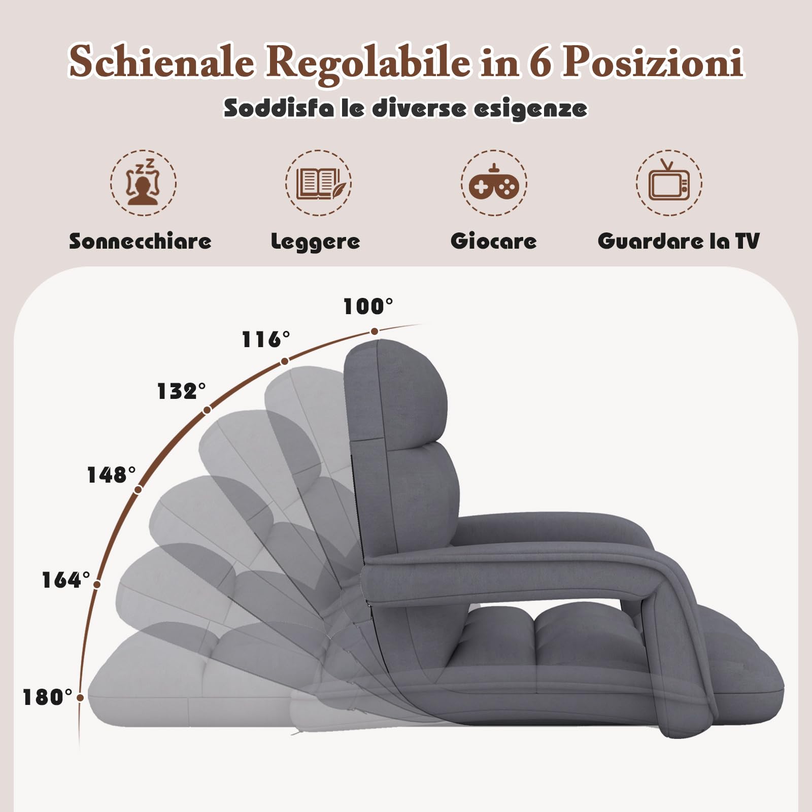 COSTWAY Sedia da Pavimento, Poltrona Divano con Schienale Regolabile 6 Livelli, Sedia Terra con Braccioli, Chaise Lounge per Soggiorno Camera da Letto, 60 x 64 x 54 cm