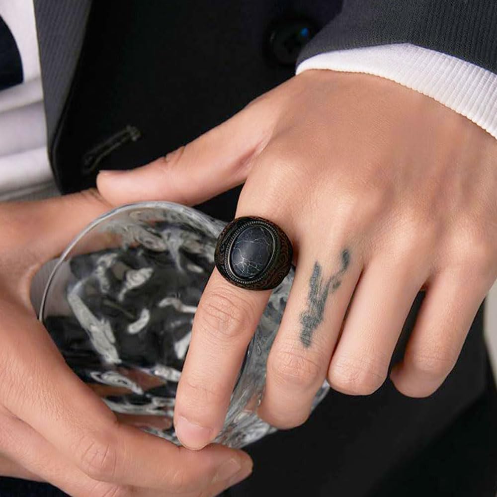 Retro Large Black Stone Wedding Band For Men Classical Gothic Stainless Steel Rings - Image 3