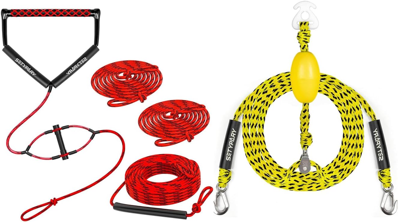 75FT Wakeboard Rope (Red & Black) & Boat Tow Harness (Yellow & Black) Combo - Floating Wakeboard Rope and Self-Centering Tow Harness for Tubing, Wakeboarding, and Watersports