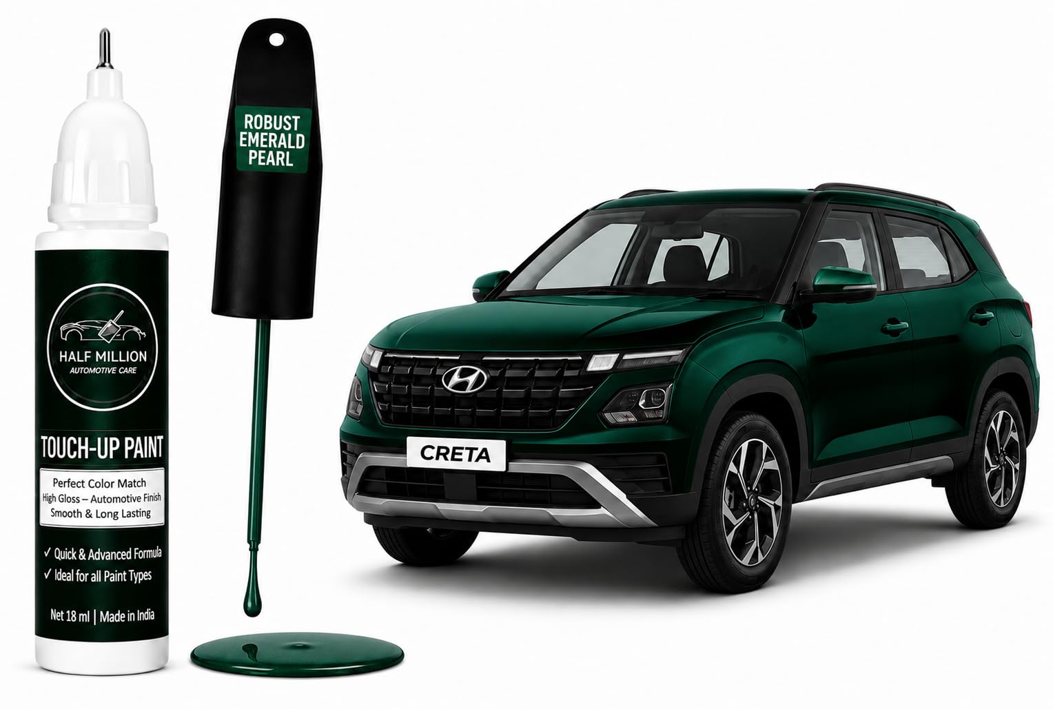 HALF MILLION® Car Touch Up Paint Pen for Hyundai Creta Robust Emerald Pearl (R8N) | Factory Color Matched 2K Paint Technology | Scratch Remover & Paint Chip Repair | Quick Dry | Rust Protection | 18ml-image-9