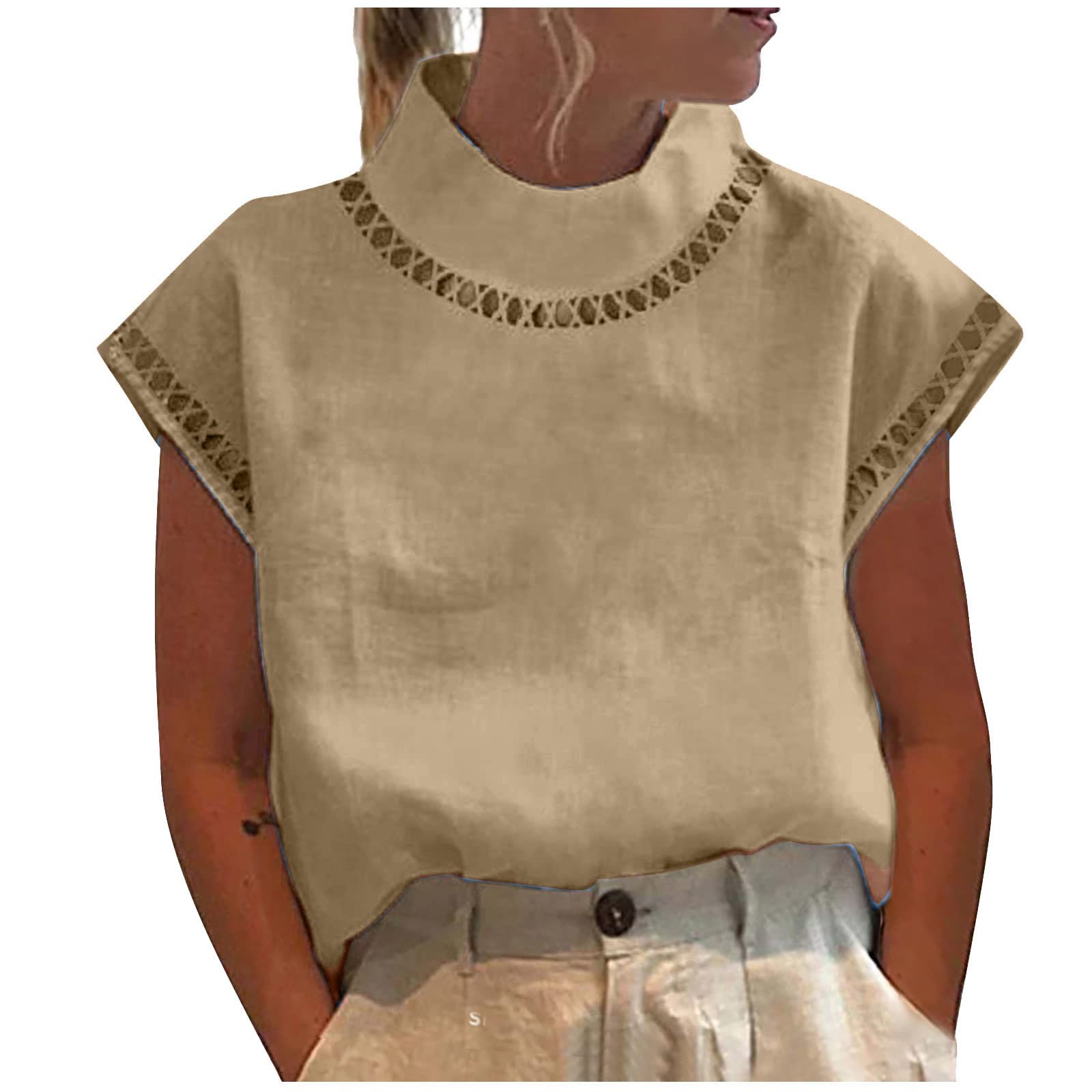 Womens Tshirts Cotton Linen High Neck Cap Sleeve Shirt Summer Fashion Casual Cotton Linen Blouses Trendy Tops