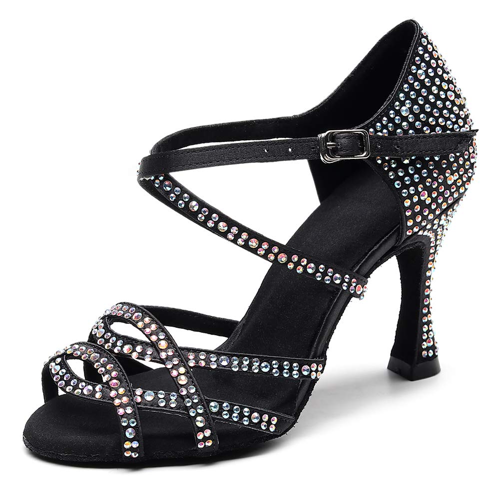 HIPPOSEUS Women Rhinestone Ballroom Dance Shoes Latin Salsa Social Wedding Performance Dance Shoes Black, Model 1045,9 B(M) US