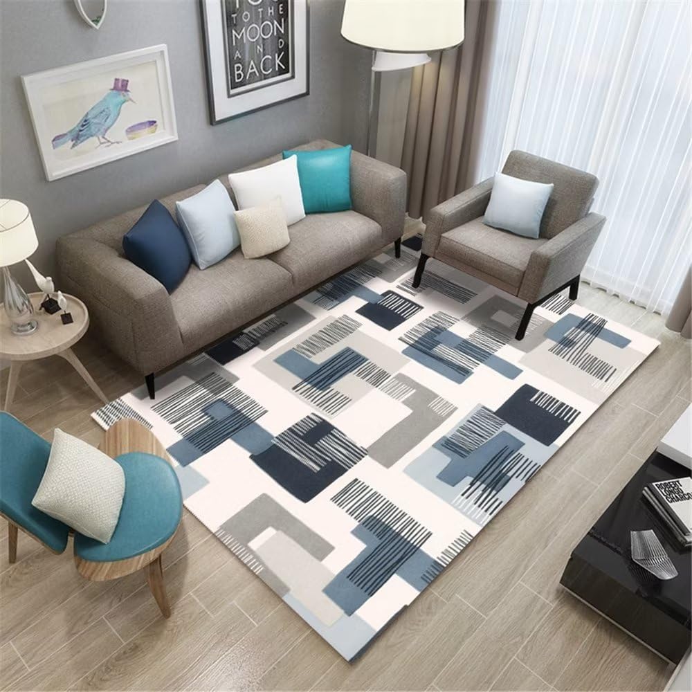 Grand tapis bleu enfant 200x250cm rectangulaire à motif graffiti pour salon et salle à manger