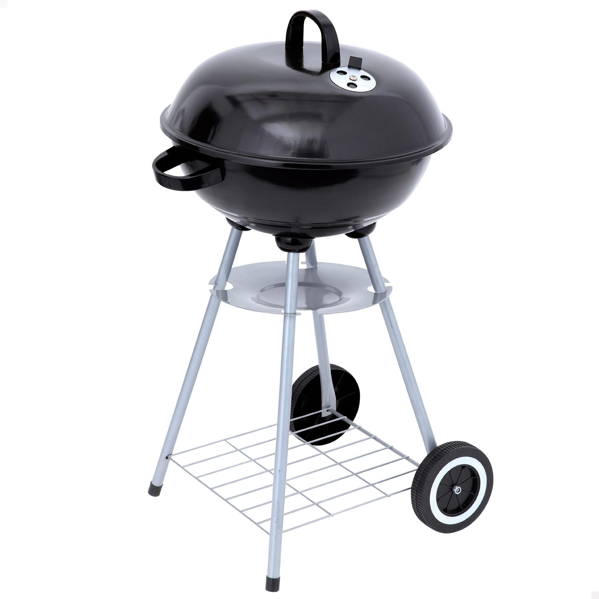 AKTIVE Barbacoa carbón portátil redonda 46x89 cm con tapa y rejilla de ventilación Doble parrilla con rejilla de ventilación 2 ruedas incorporadas para fácil transporte