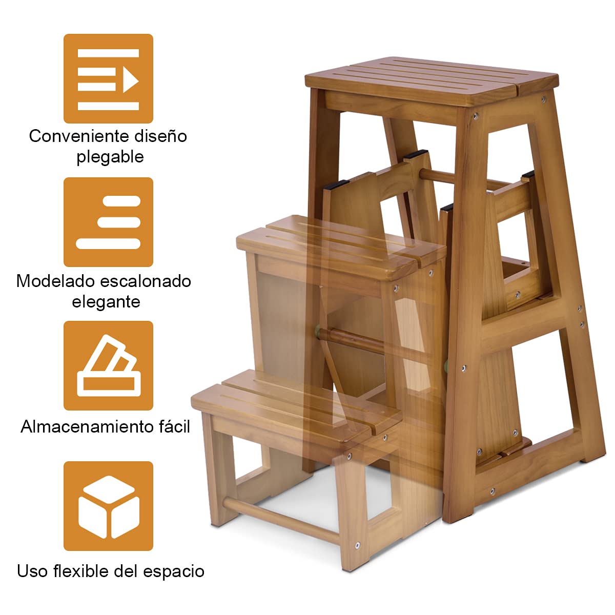COSTWAY Taburete Plegable, Silla de Madera de 3 Peldaños, Multifunción Escalera Banqueta Estantería Escalón para Baño Hogar Decoración, hasta 150kg (Marrón Claro)