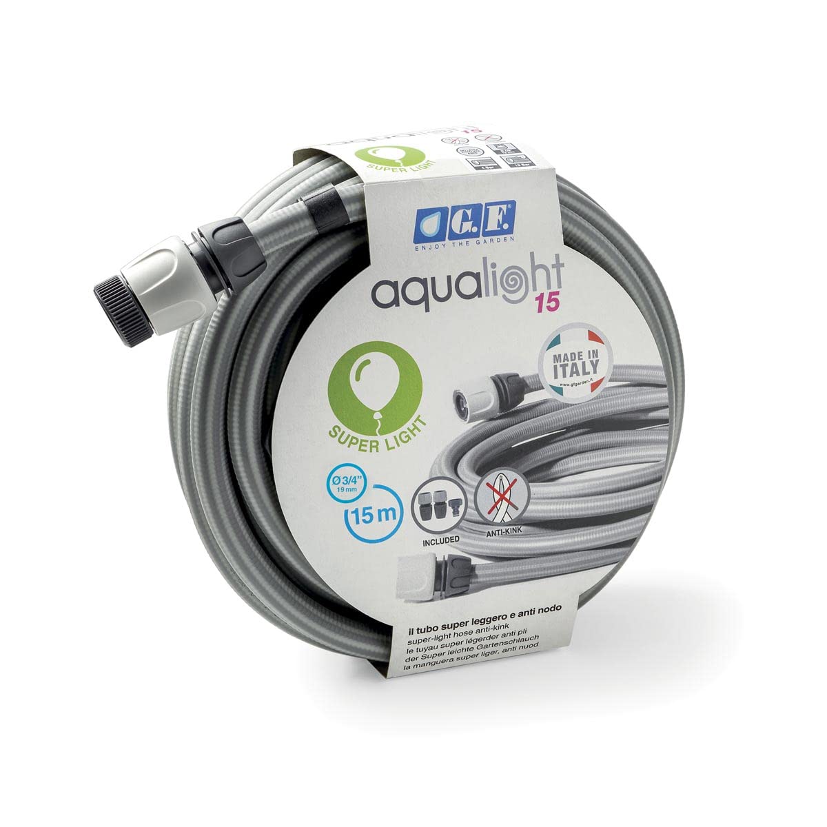 Aqualight, set di tubi da giardino leggero, tubo da 15 metri (3/4"), connettori per tubi, antipiega e torsione, particolarmente leggero, tubo per l'irrigazione