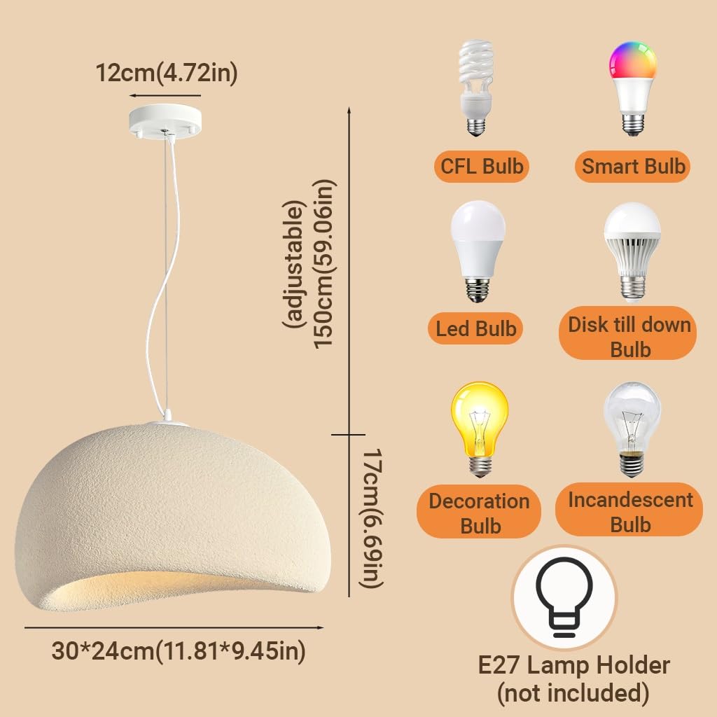 Creative Wabi Sabi Style Lampe Suspendue E27 Lustre En Polystyrène Lumières Suspendues Réglables En Hauteur Modernes Et Simples Adaptées Au Salon Salle À Manger Cuisine(Beige,30cm)