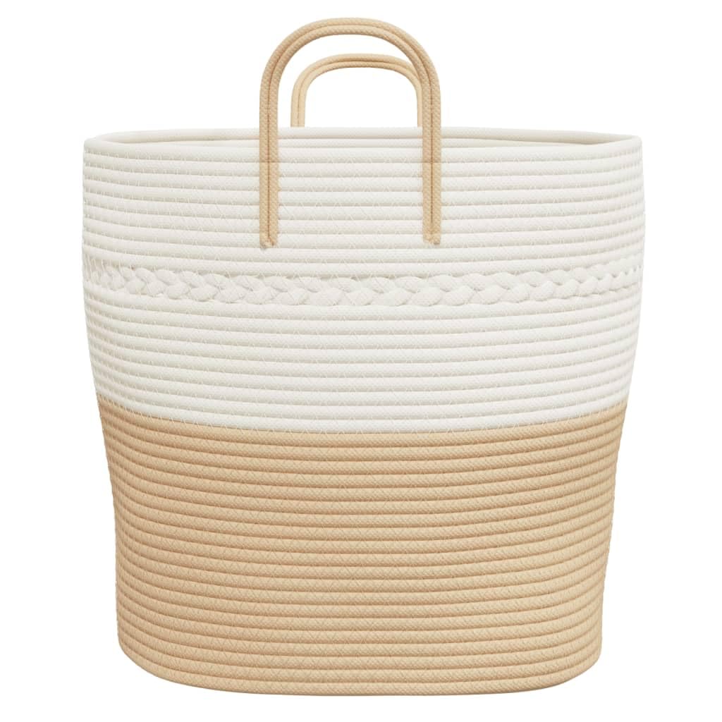 Runder Aufbewahrungskorb aus Baumwollseilen, beige-weiß, Ø43x38 cm, faltbar und platzsparend, mit robusten Griffen für einfachen Transport, vielseitig nutzbar für Kleidung,