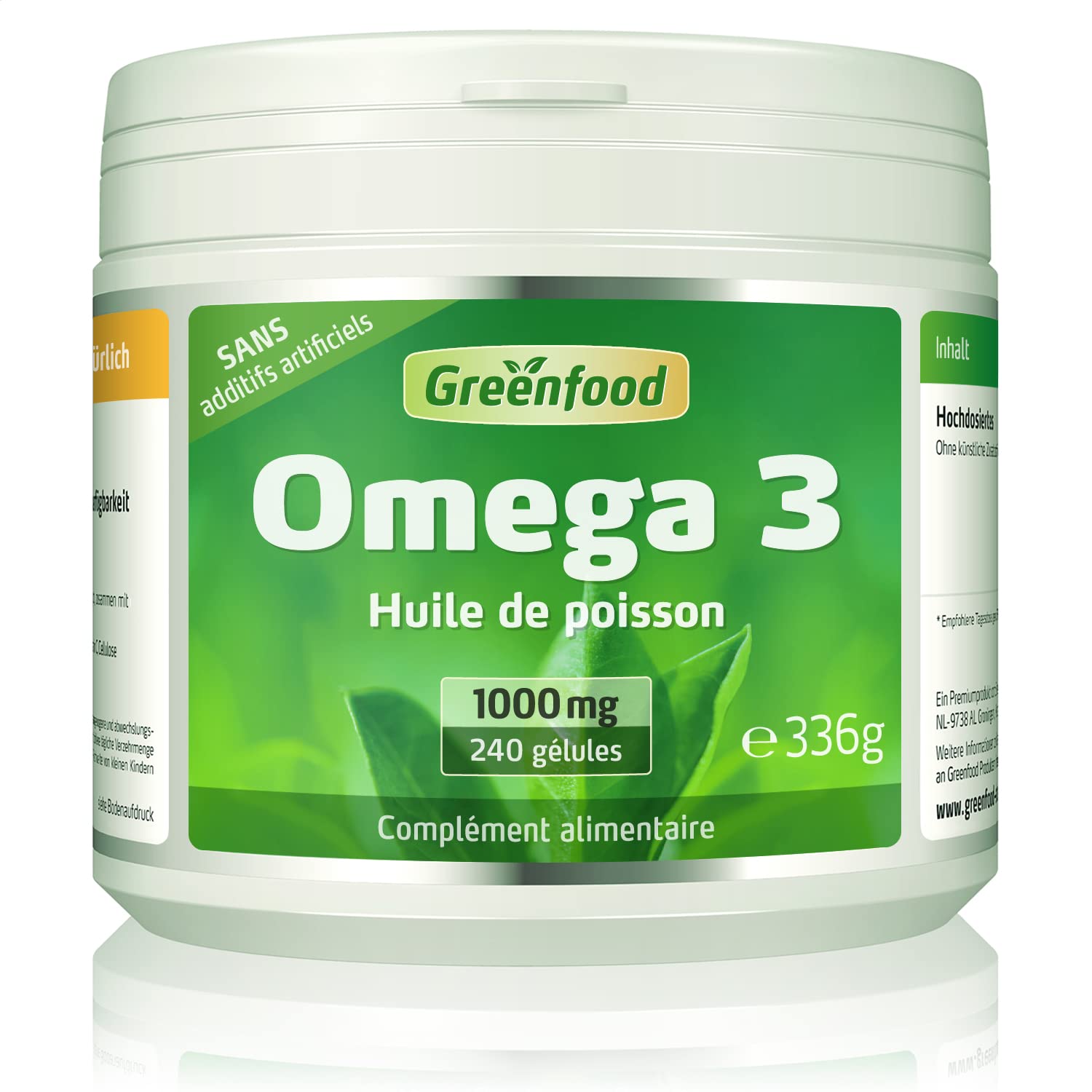 Greenfood Oméga 3, 1000 mg, 240 gélules - SANS additifs | Huile de poisson, riche en EPA/DHA, cœur, cerveau et vision, testée en laboratoire, sans gluten, sans lactose.