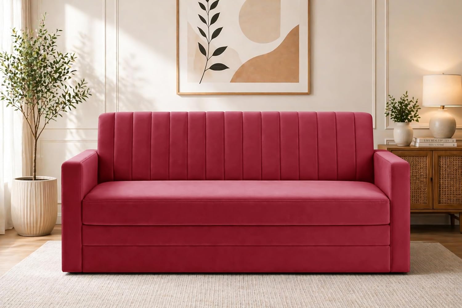 Winsome mattress Modern Velvet 3-Seater Sofa Cum Bed with Armrest, Convertible Sleeper Couch Sofa for Living Room, Bedroom & Office - Red Color