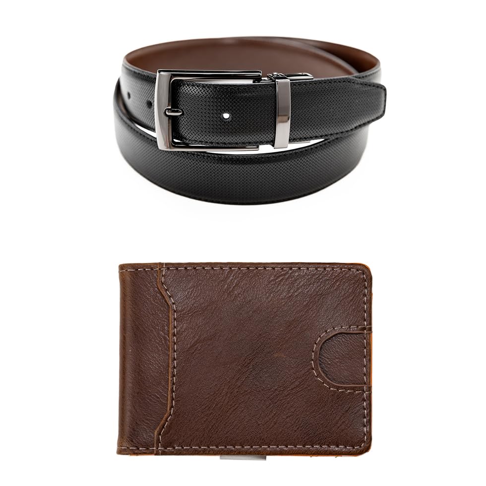 Men's Belt and Wallet Gift Set | Reversible Belt with Swivel Buckle for Dress Casual Jeans | Slim Bi-Fold Wallet