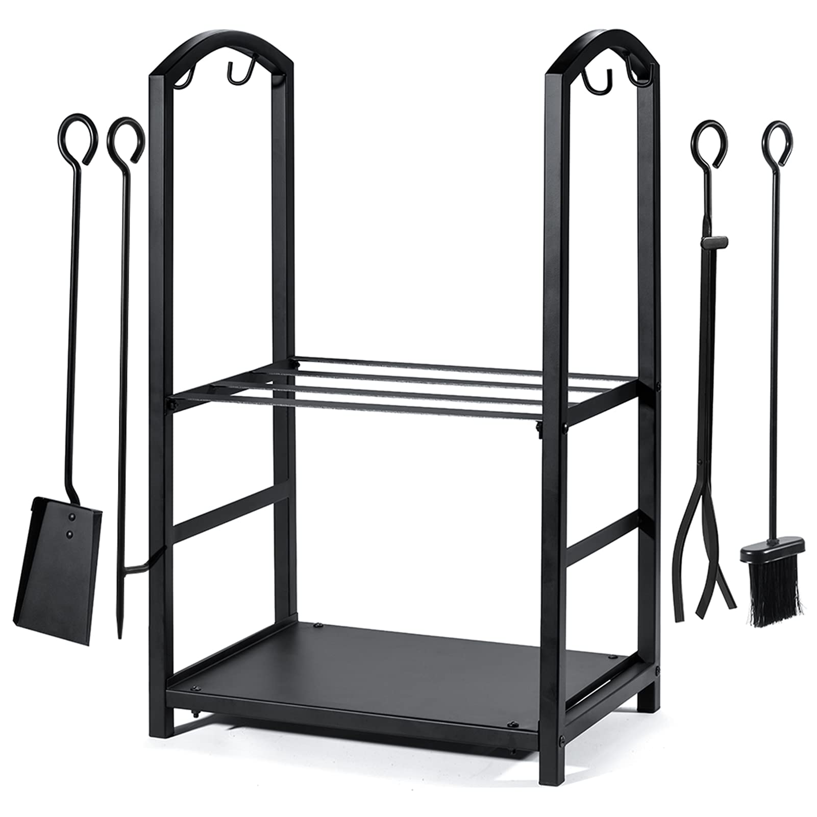 Syntrific Fireplace Log Rack with 4 Fireplace Tools Fireplace Log Holder for Indoor and Outdoor Heav