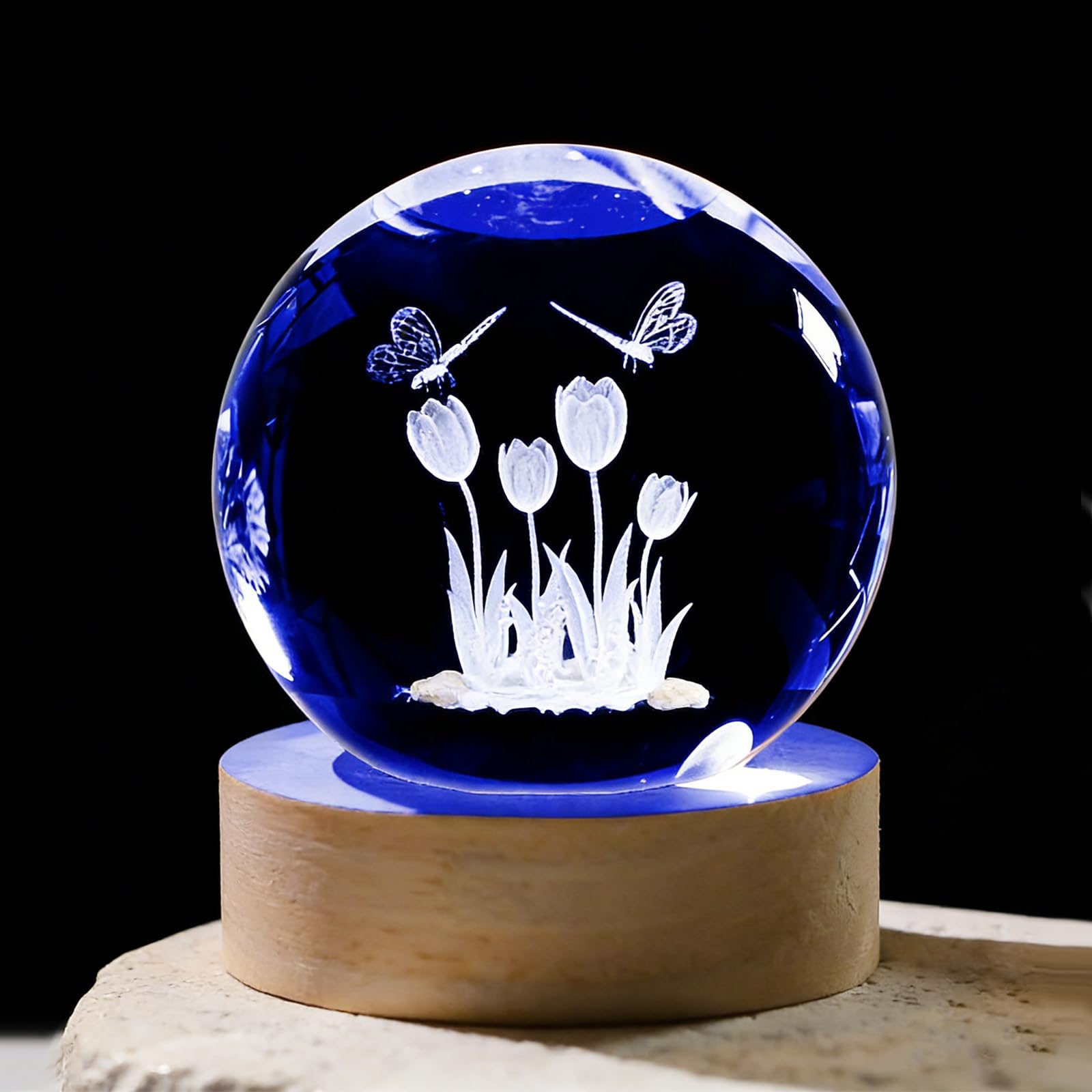 ANBET Tulip Butterfly Flower 3D Crystal Ball Lamp Battery Powered (Not Included), Crystal Glass Ball Romantic Glass Ornaments Decorations for Women Bedroom Home Valentine's Day Mother's Day