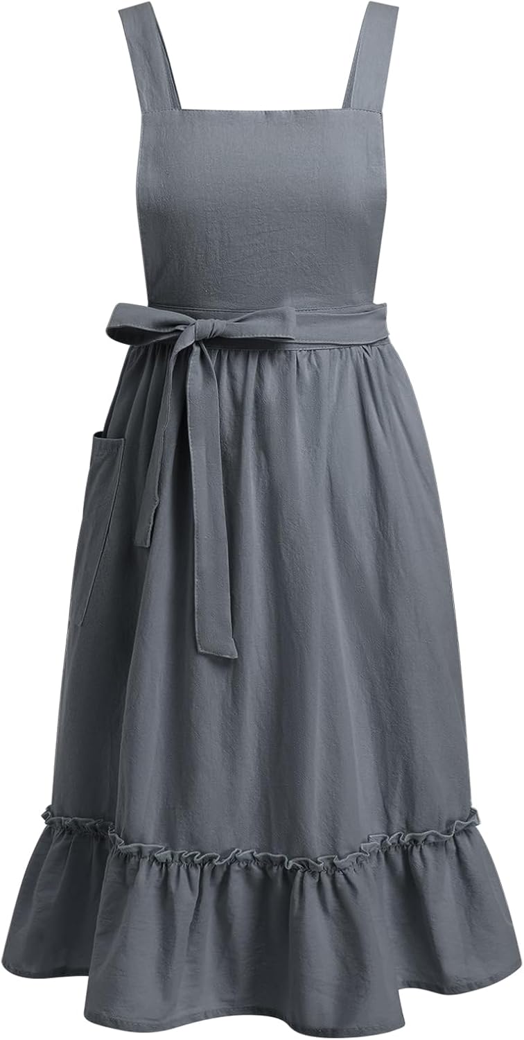 OBEEII Apron for Women Girls Cute Cotton Linen Kitchen Cooking Apron Dress with Pockets Vintage Ruffle Apron Pinafore Dress Baking Gardening Work Art Painting Overalls Dark grey -ruffle One Size