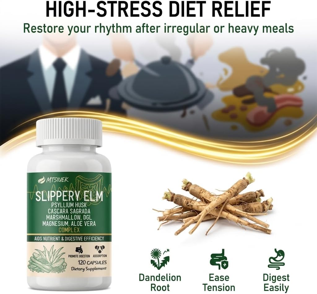 Slippery Elm & Psyllium Husk Capsules for Women - Gentle Daily Cleanse with Magnesium, Cascara Sagrada & Aloe Vera - Gut Lining Comfort, Bloating Relief & Digestive Regularity (120 Ct)