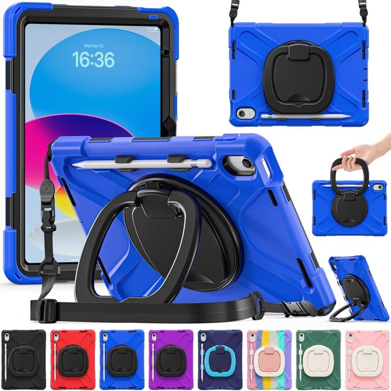 Coque silicone iPad 10e génération protection intégrale bleu avec sangle