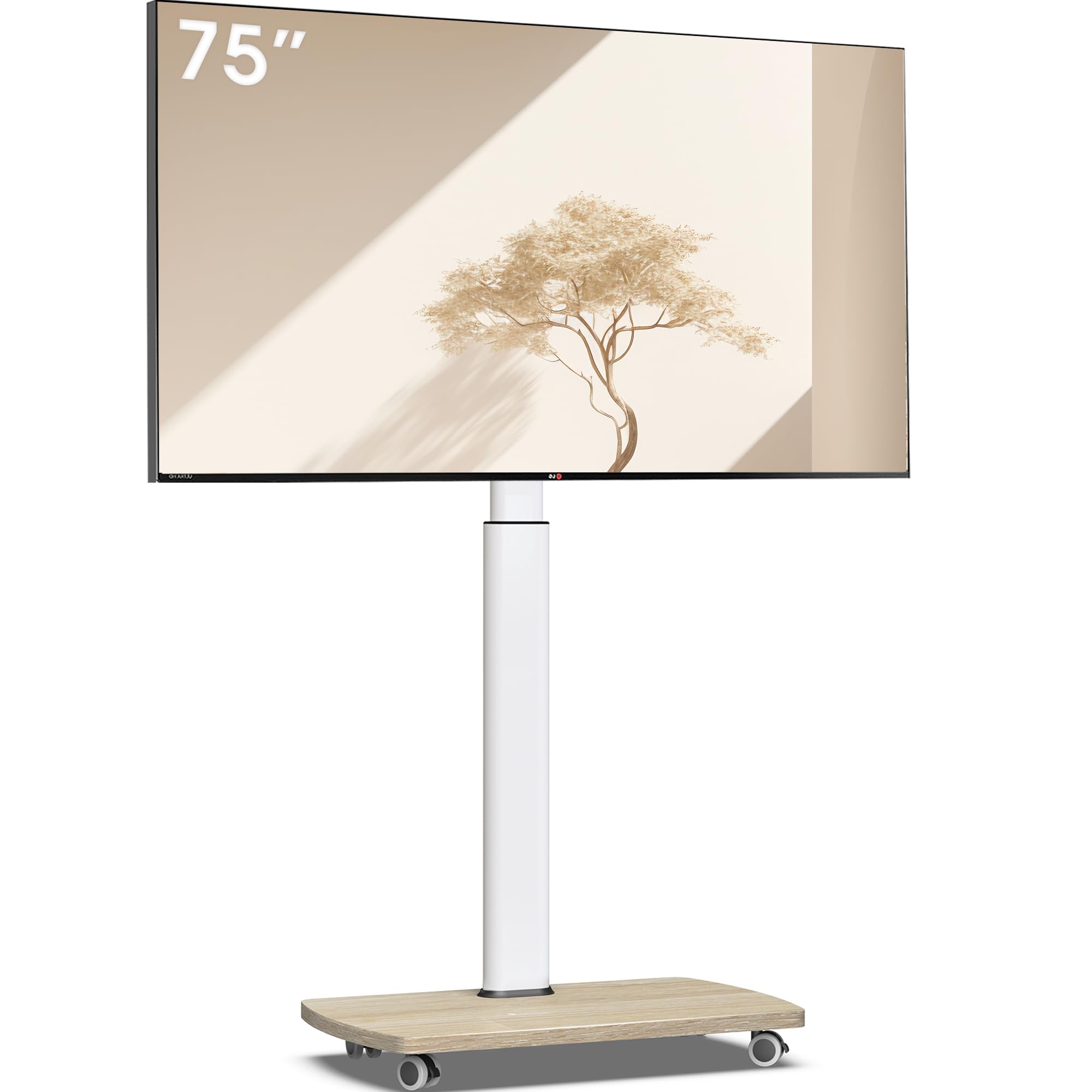 AOKCOS Supporto da pavimento per TV con ripiano in legno per TV da 43 – 75 pollici, piatto e curvo, fino a 50 kg, altezza regolabile, orientabile, max. VESA 600 x 400 mm