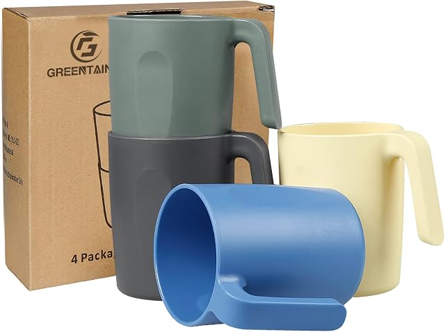 Greentainer Unbreakable Lightweight Drinking Cups, Coffee Mugs with Handle, Set of 4, Drinking Cups for Adults,Water Milk Tea Tumblers , Dishwasher and Microwave Safe - 450ml
