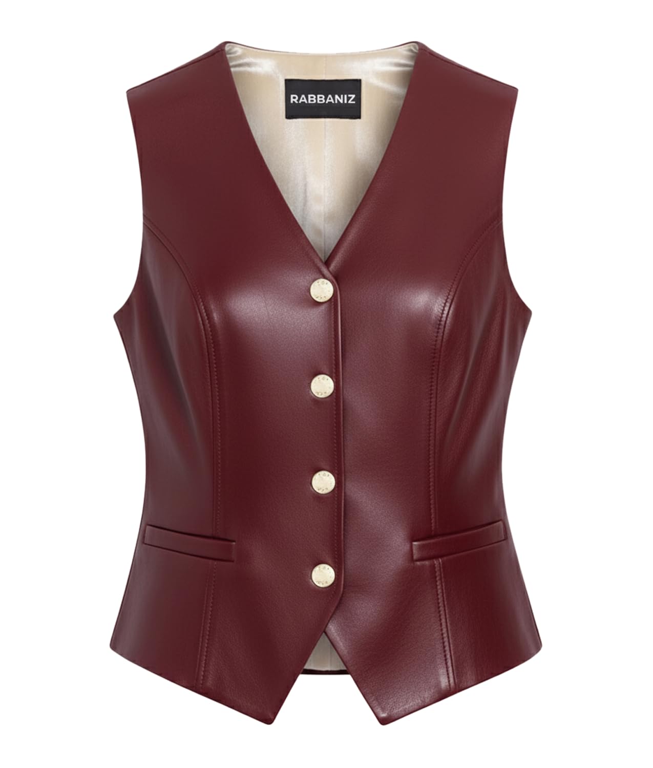 Womens Real Lambskin Leather Vest Slim Fit Button Down Waistcoat with Gold Buttons Soft Lining