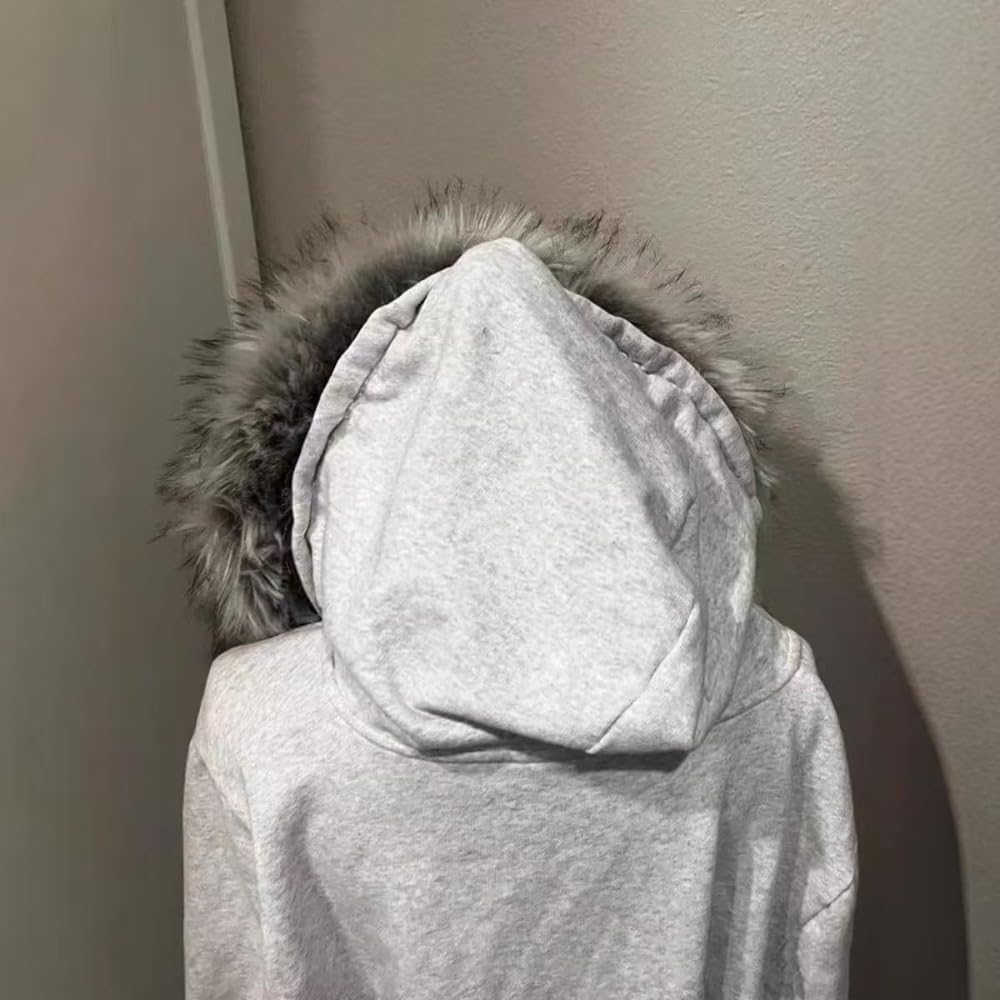 GGOOB Grunge Fur Hood Zip Up Hoodie Women Teen Girls Y2k Emo Goth 2000s Sweatshirts Cute Fall Winter Crop Coats - Image 4