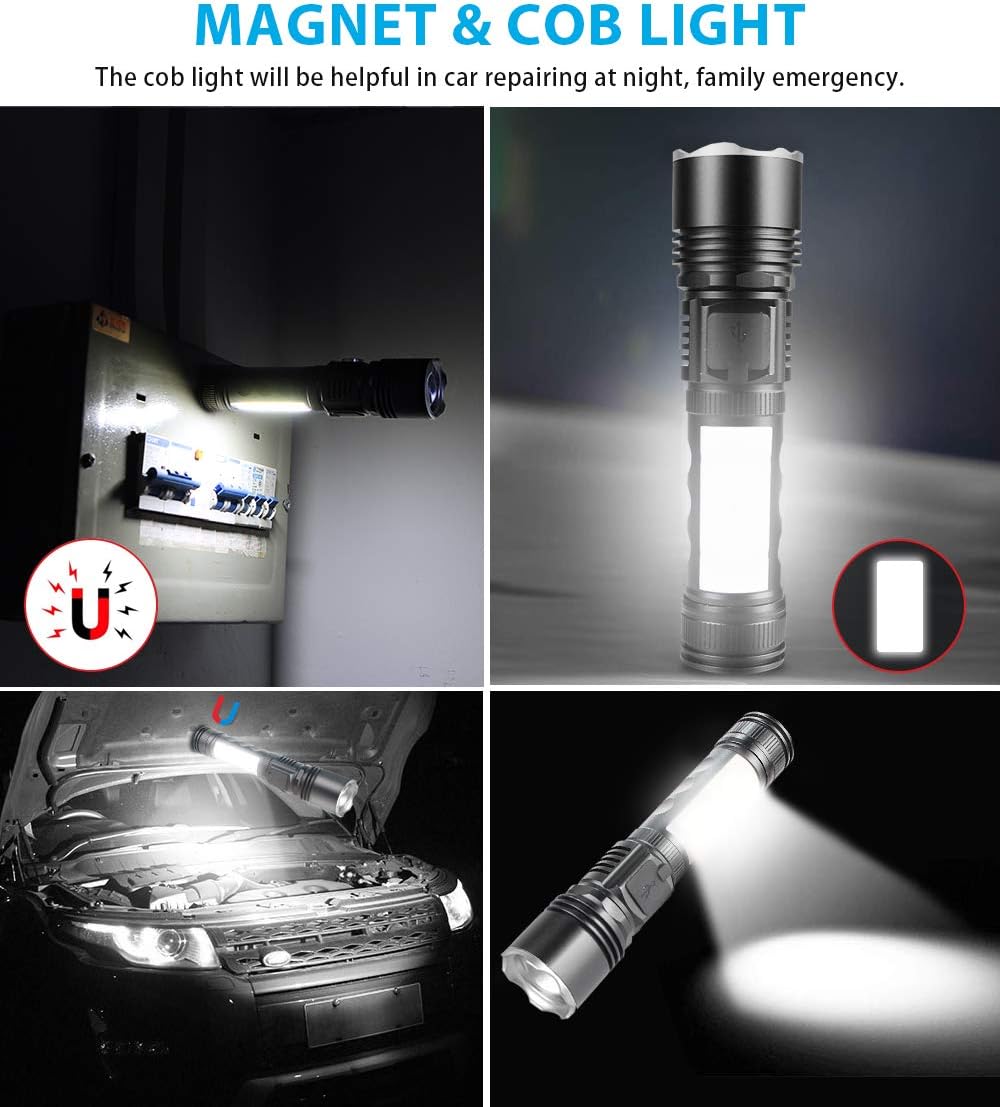 Rechargeable Flashlight, Magnetic Flashlight Built-In Power Bank, Super Bright COB Work Light T6 LED Torch, Zoomable, Water Resistant, 6 Modes for Camping Hiking Emergency