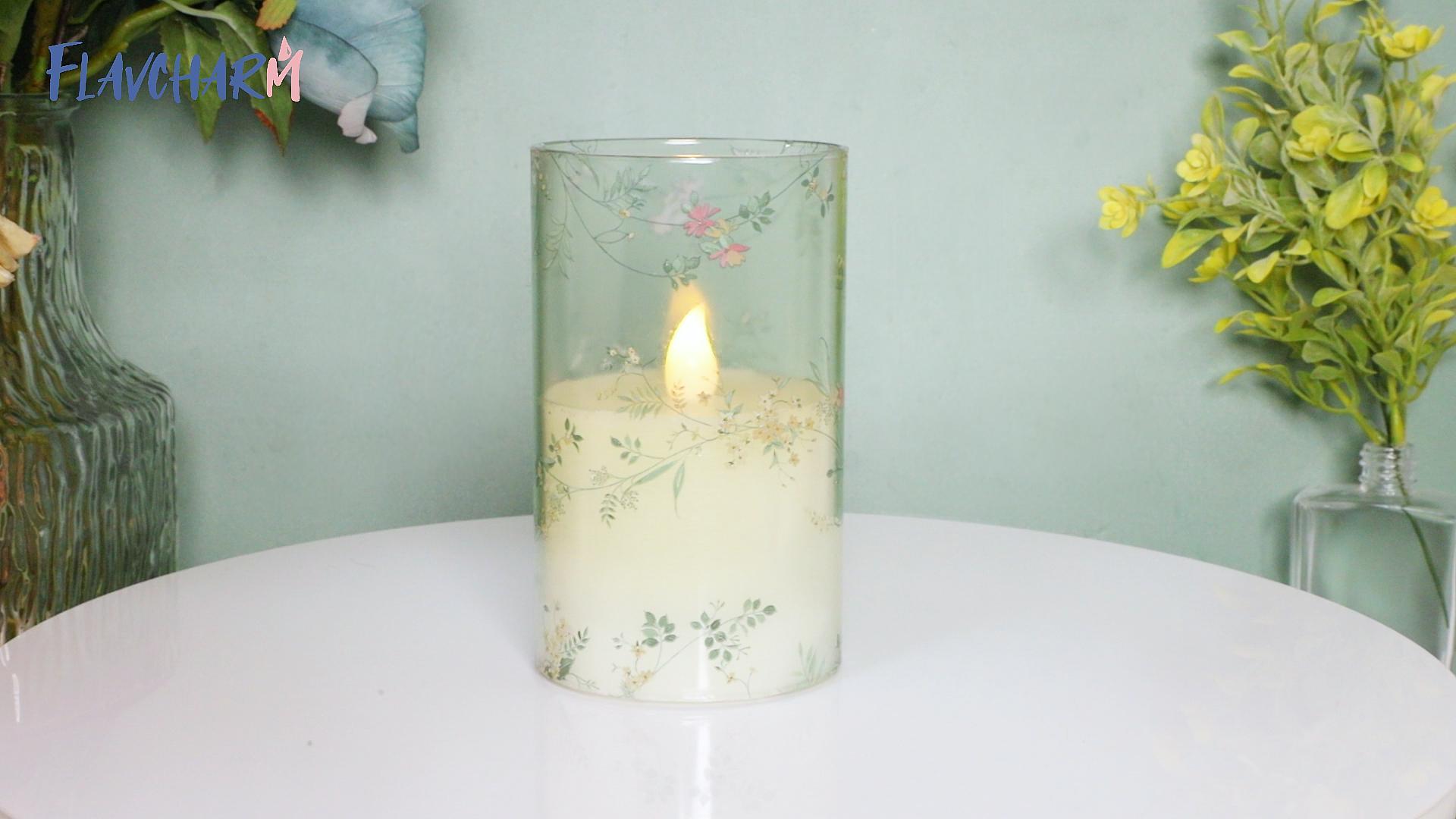 Image of Glass Flameless Candles Flickering Battery Operated LED Pillar Candles Set of 3 with Timer and and 10-Key Remote Green Branch Floral Spring Summer Theme for Wedding Festival Home Decoration