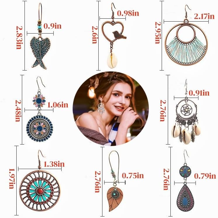 8 Pairs Bohemian Earrings for Women Vintage Boho Dangle Drop Earrings Geometric Teardrop Earring Retro Metal Hollow Hoop Earrings Ethnic Style Jewelry Earrings Set - Image 4