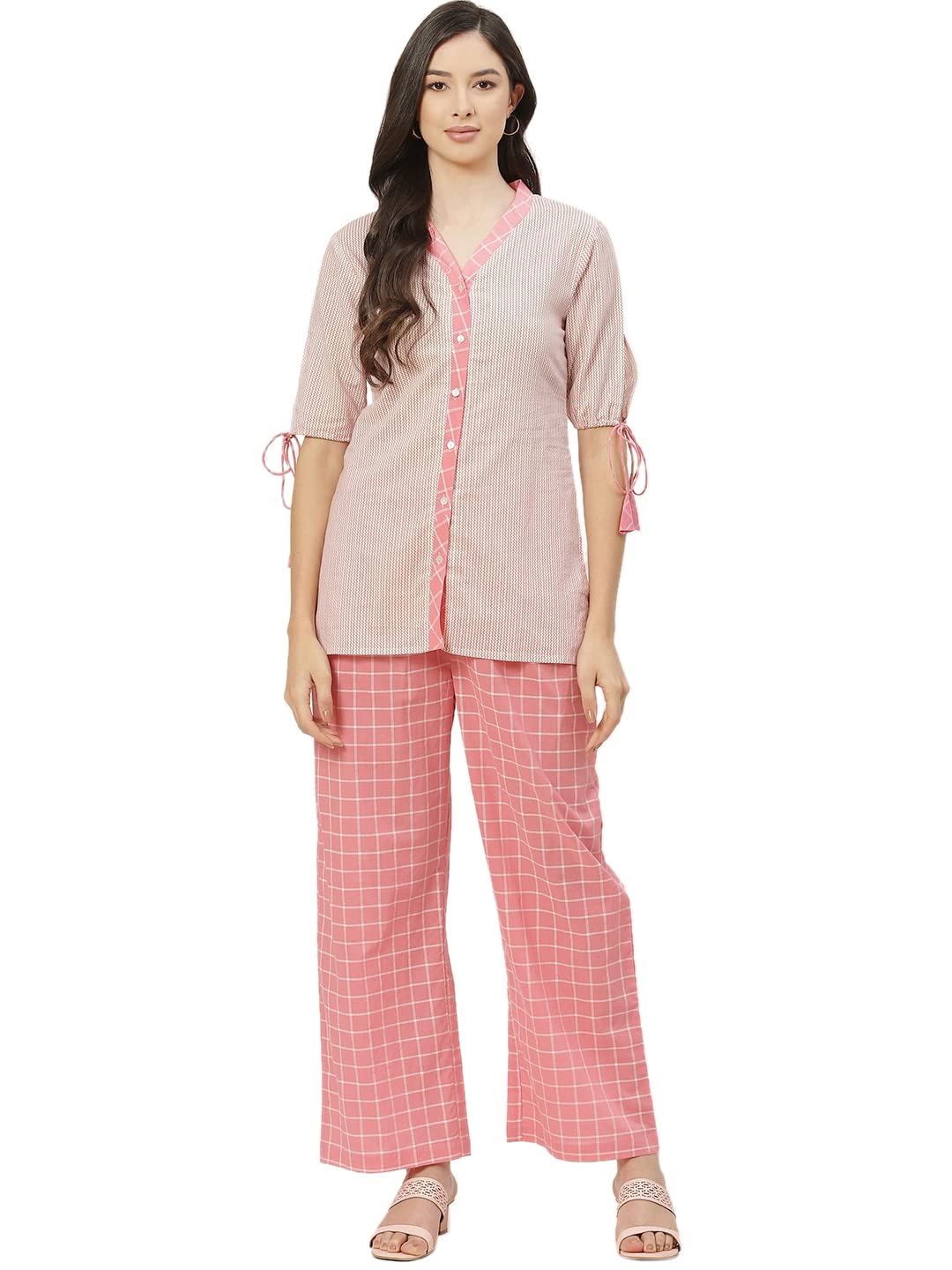 FABRIC FITOORPure Cotton Checks Print V-Neck Half Sleeve Grey Color Wrap Top with Palazzo Set For Womens/Girls/Ladies, White & Pink, 2XL