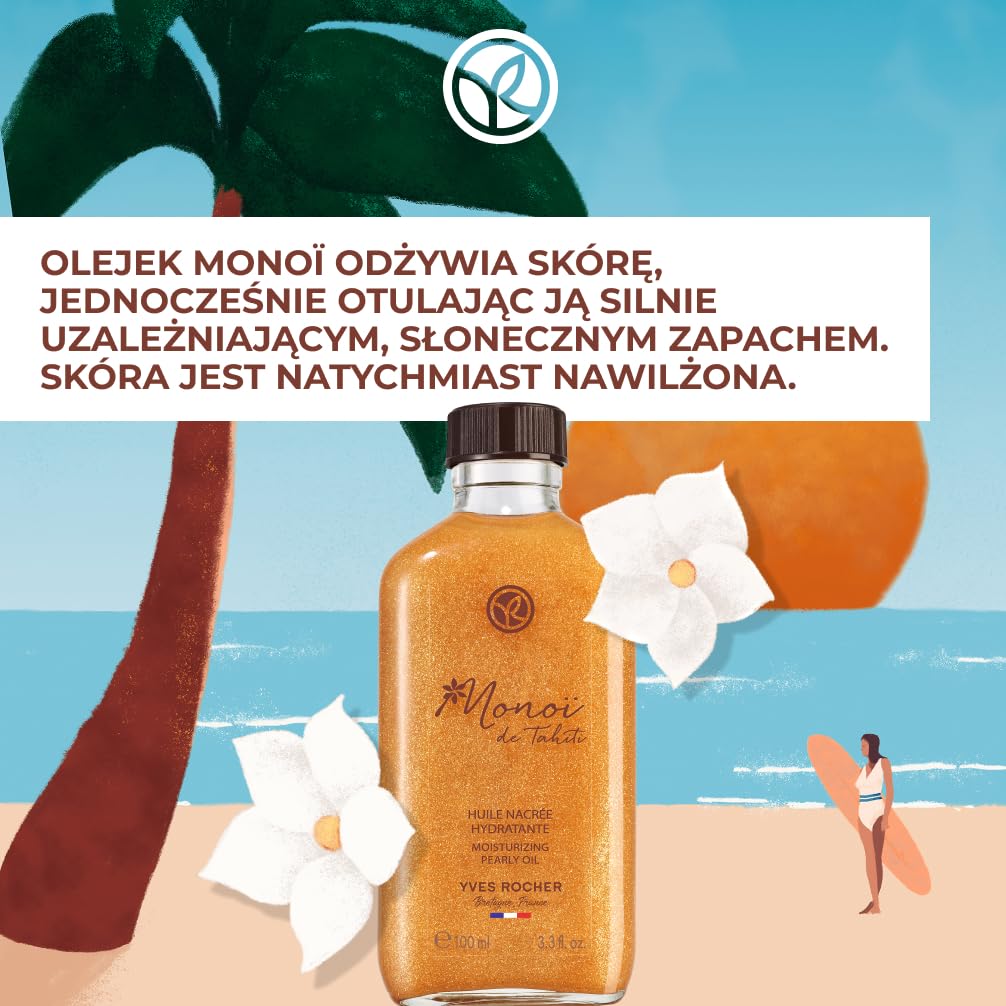 Yves Rocher Rozświetlający olejek do ciała Monoi – nawilżający olejek z Tahiti z drobinkami perły – satynowy połysk i złocista skóra – naturalna formuła, zapach lata – do ciała i włosów – 100 ml
