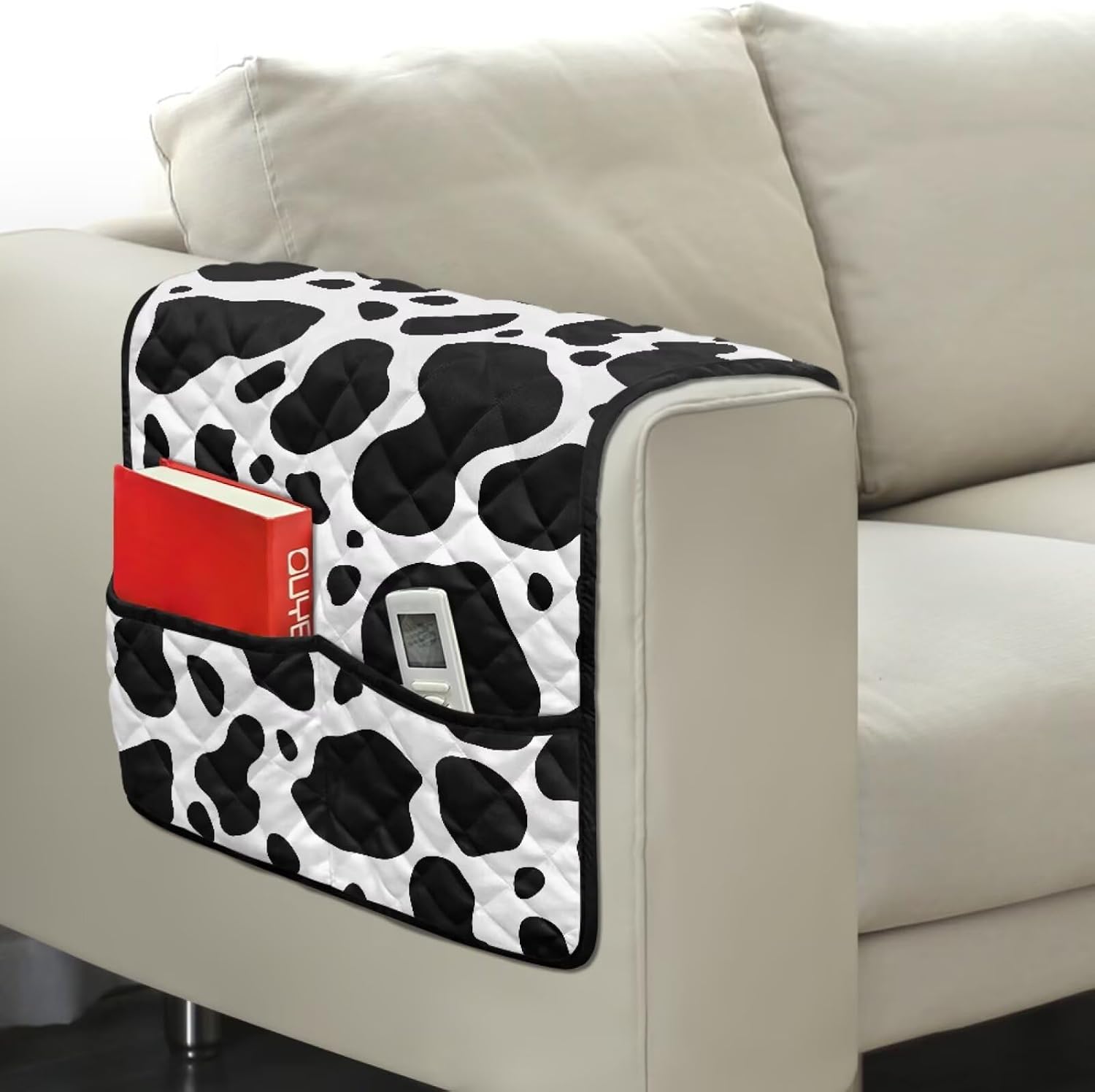 Cow Print Couch Arm Covers Dust Proof Armchair Slipcover for Couch, Comfortable Recliner Arm Protector 2 Storage Pockets for Magazine, Remote, Phone, Books