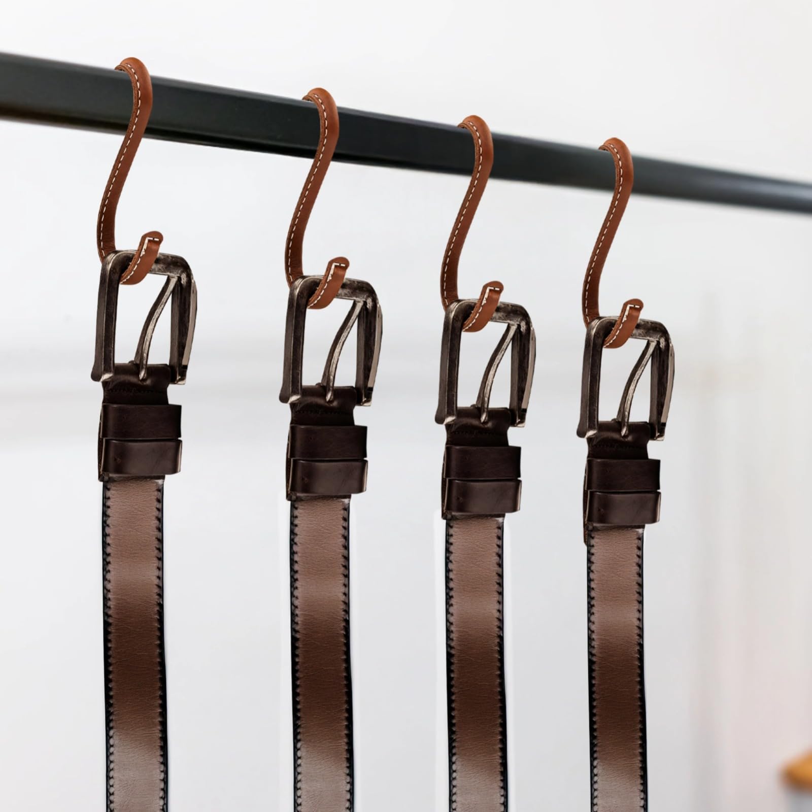 Generisch Unterregal-Haken-Set mit 4 Stück, S-förmige Lederhaken für Kleidung und Accessoires, kompakte 91 mm Haken mit handgenähten Details, Vintage-Braun, für Küche und Badezimmer-Aufbewahrung