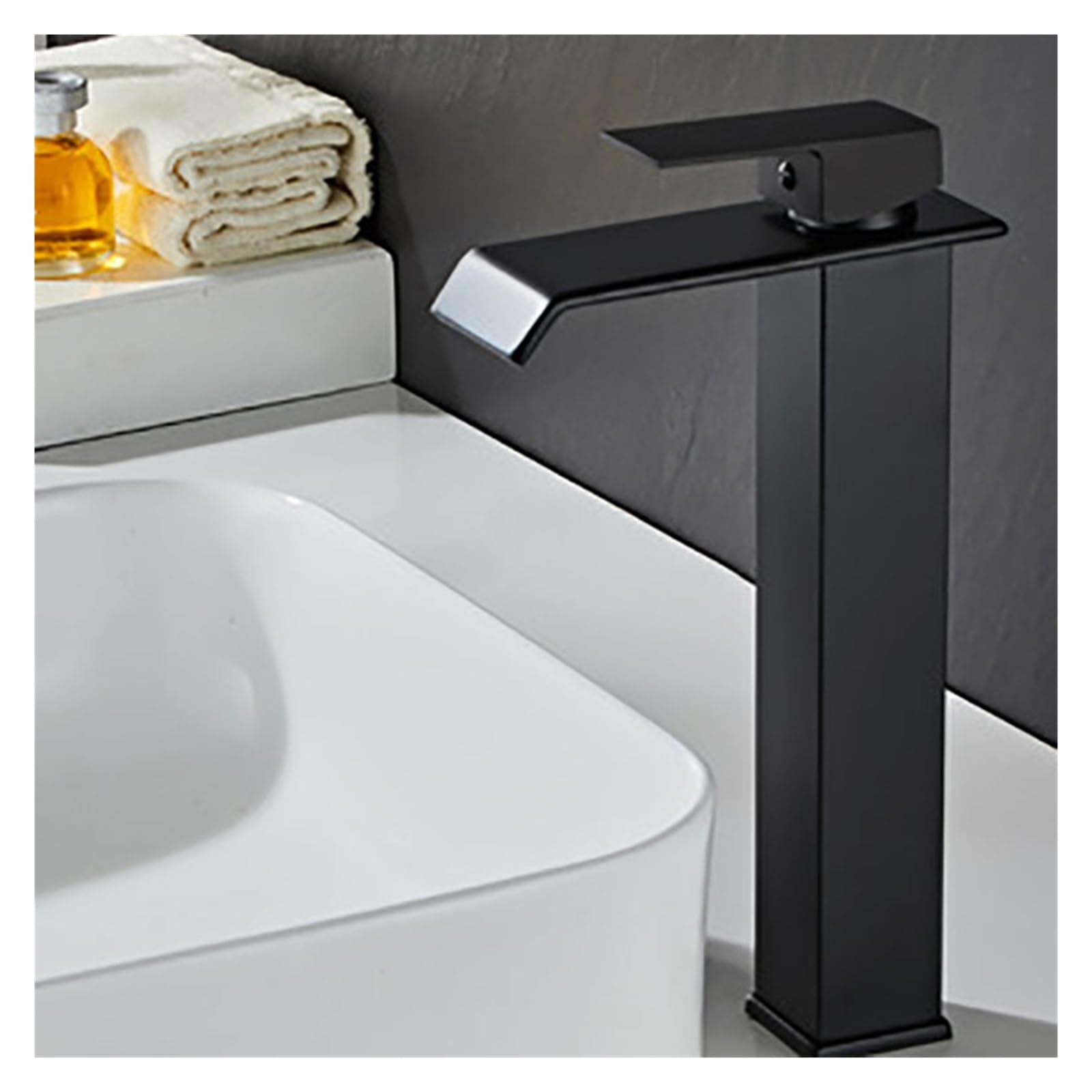 Robinet cascade de salle de bains mitigeur noir et or grand modèle pour vasque à poser