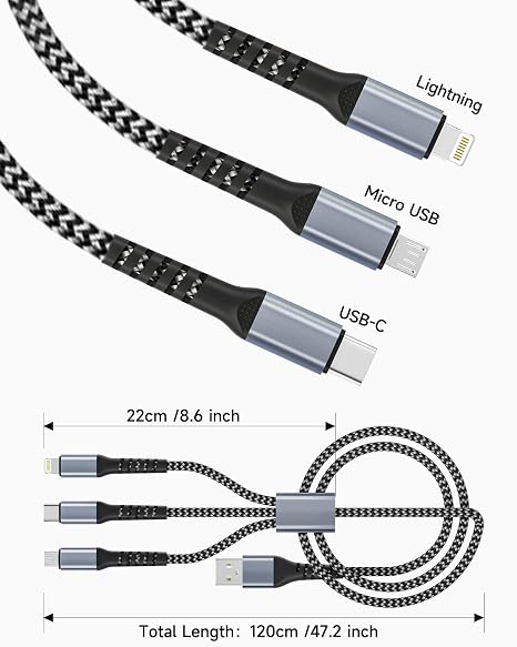 Multi Charger Cable 1.2M, 3 in 1 Multi Charging Cable Braided iPhone Charger cable include USB to USB C Charger Cable/Lightning/Micro USB/Type C Lead for iPhone 17 16 15 14 13 X,Samsung Huawei,Android