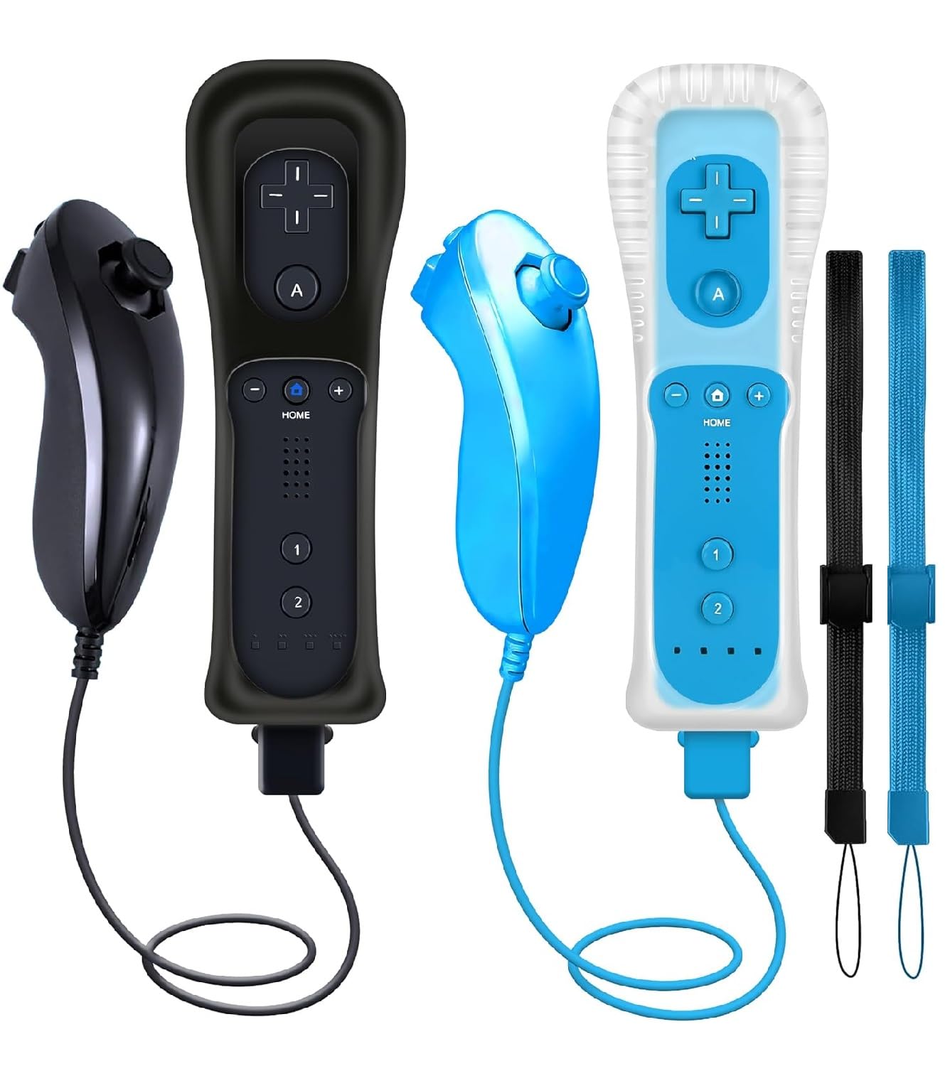 WKOLF Set di telecomandi di ricambio (2 set, 8 pezzi, nero e blu) per console Nintendo Wii/Wii U con Motion Plus, 2 pezzi (telecomandi + joystick analogici + custodia in silicone + cinturino da polso)