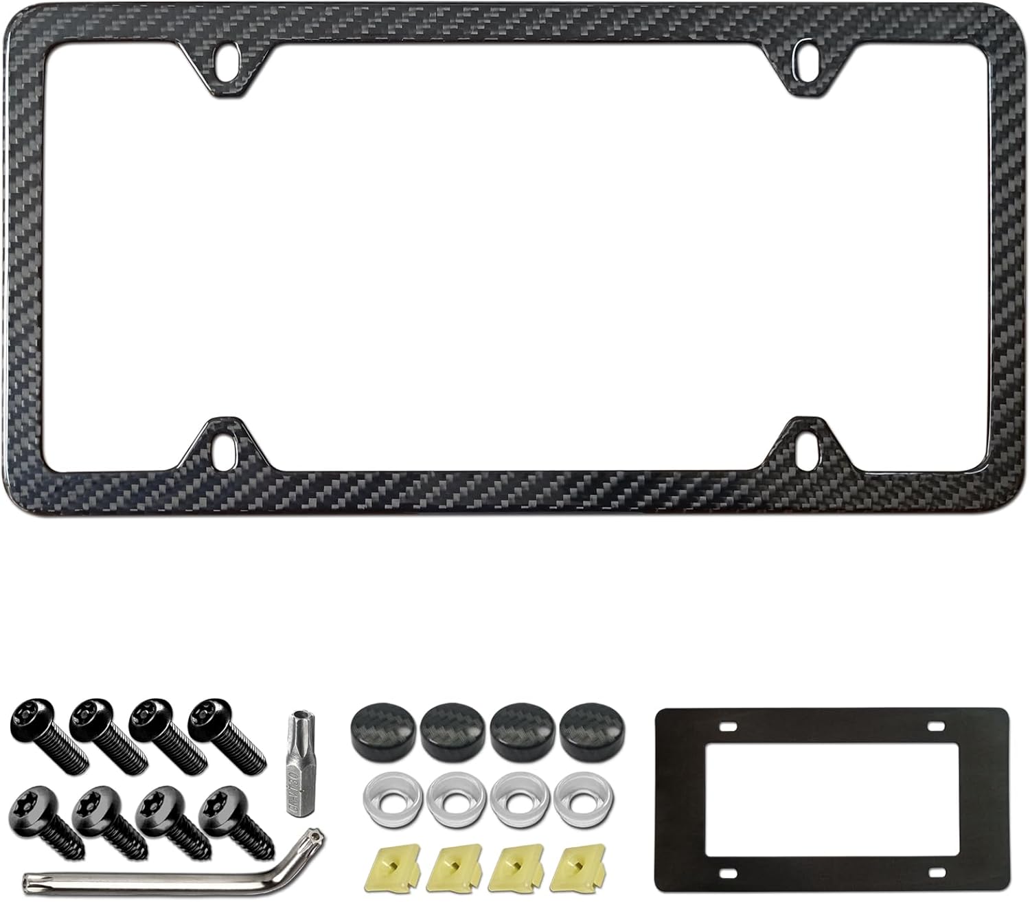 Aootf Carbon Fiber License Plate Frame- 100% Real Carbon Cloth Wrapped Stainless Steel Car Tag Cover, 1 Pack Black Holder with Anti Theft Screws Caps, Slim Edge 4 Hole