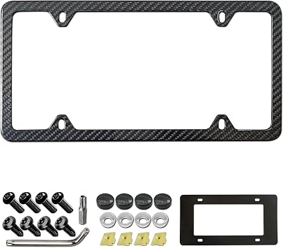Aootf Carbon Fiber License Plate Frame- 100% Real Carbon Cloth Wrapped Stainless Steel Car Tag Cover, 1 Pack Black Holder with Anti Theft Screws Caps, Slim Edge 4 Hole