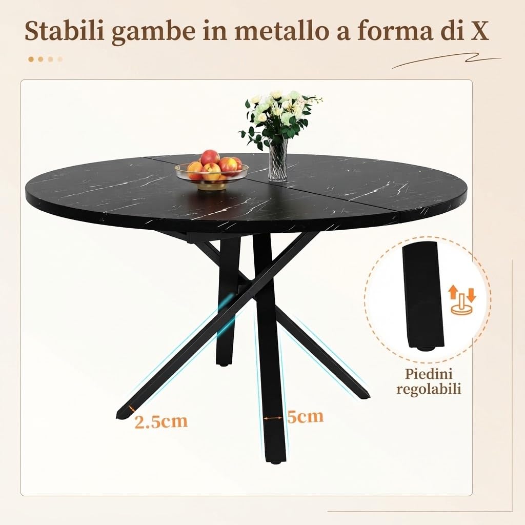 Tavolo Rotondo allungabile 100-140 cm con Piano in MDF Effetto Marmo, Nero