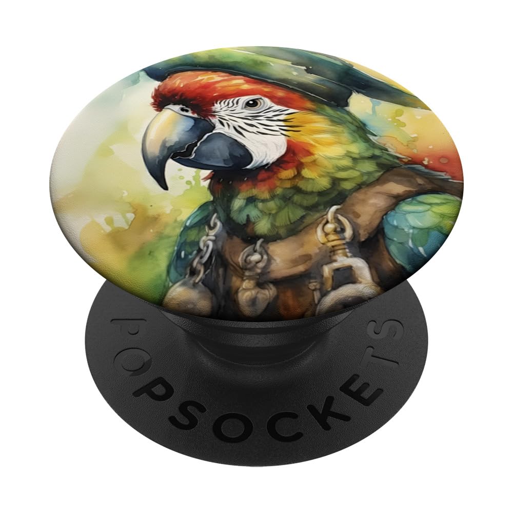 Parrot With A Pirate Hat. Parrot Wearing Pirate Hat, Bird PopSockets Swappable PopGrip, Black