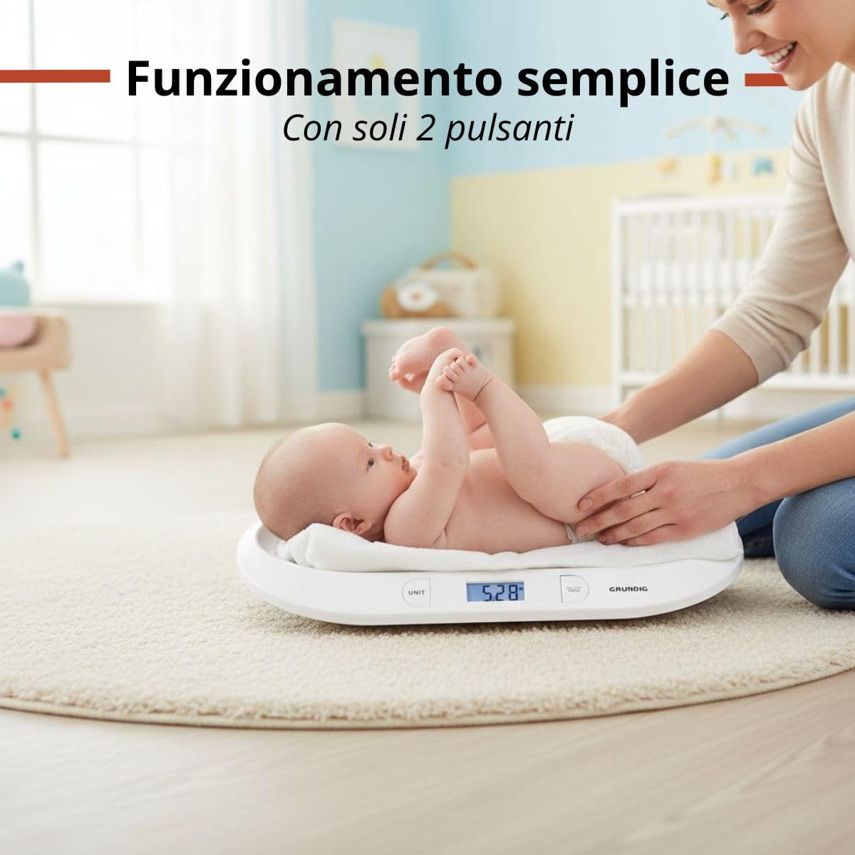 Grundig Bilancia Neonato Digitale - Precisione 10 Grammi - Max 20 Chili - Bilancia Pesapersone Digitale Funzione Tara - Neonato Accessori Utili Bilanciamo - Bianco