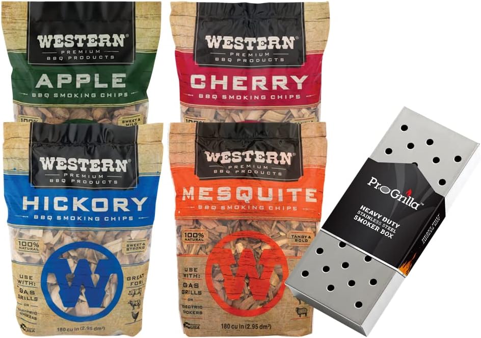 Western BBQ Premium‎ Wood Smoking Chips Variety (Pack of 4) Bundled with a Smoker Box
