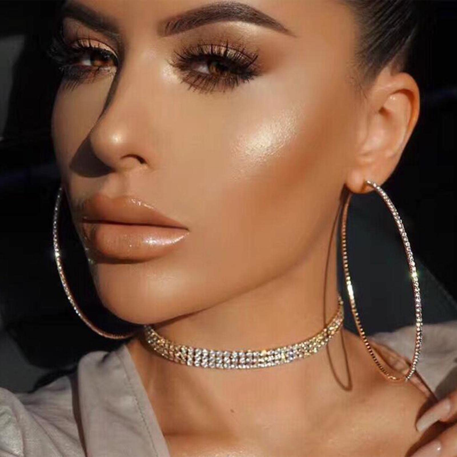 Large Crystal Hoop Drop Dangle Earrings Vintage Rhinestones Circle Hoop Earrings Gold Lightweight Geometric Round Loop Earrings Sparkly Statement Earrings Jewelry for Women and Girls