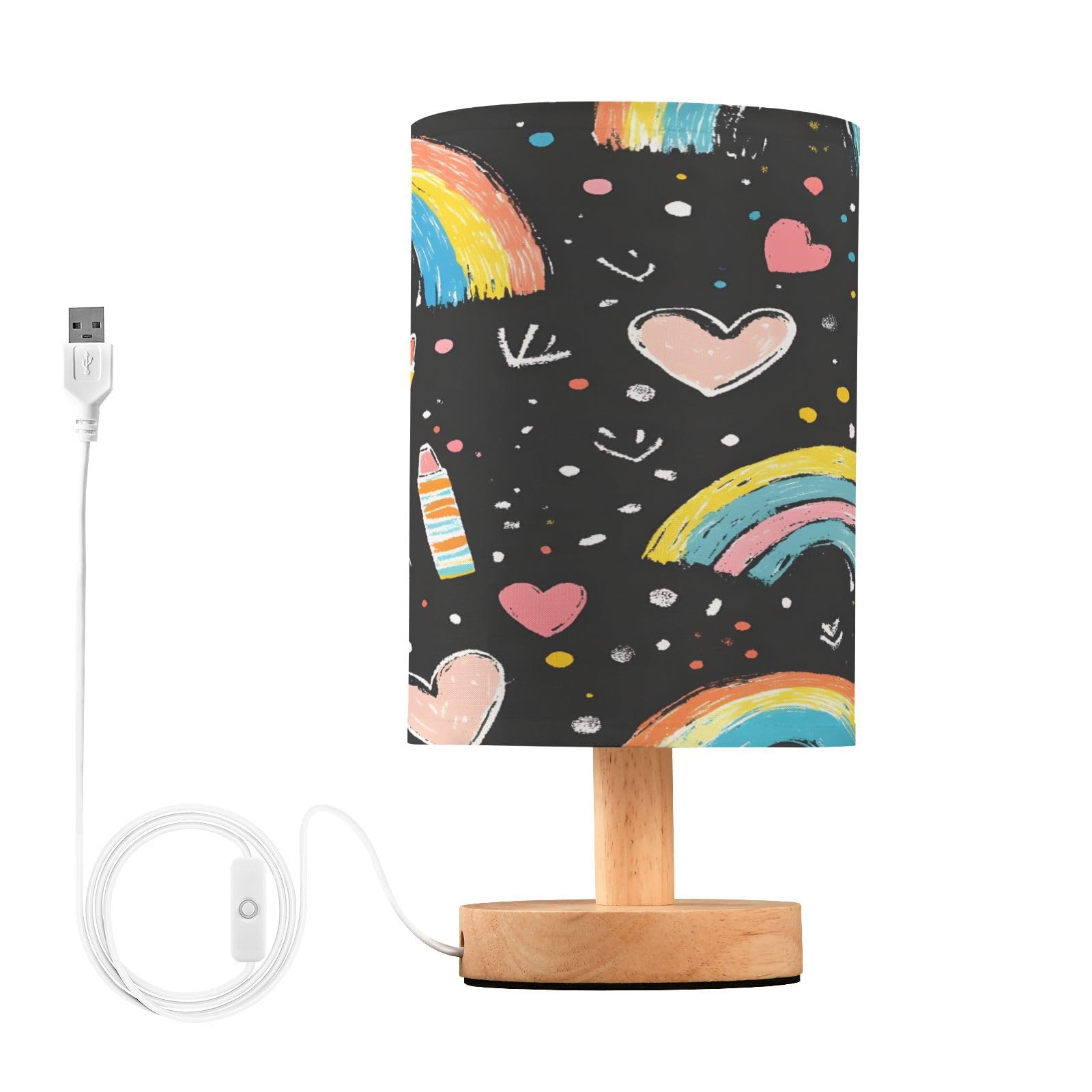 Ttgoth Rainbow Bedside Lamp LED Nightstand Lamp with USB Ports Desk Lamp Reading Light Bedroom Table Lamp with Fabric Shade and Wood Base for Office Dorm