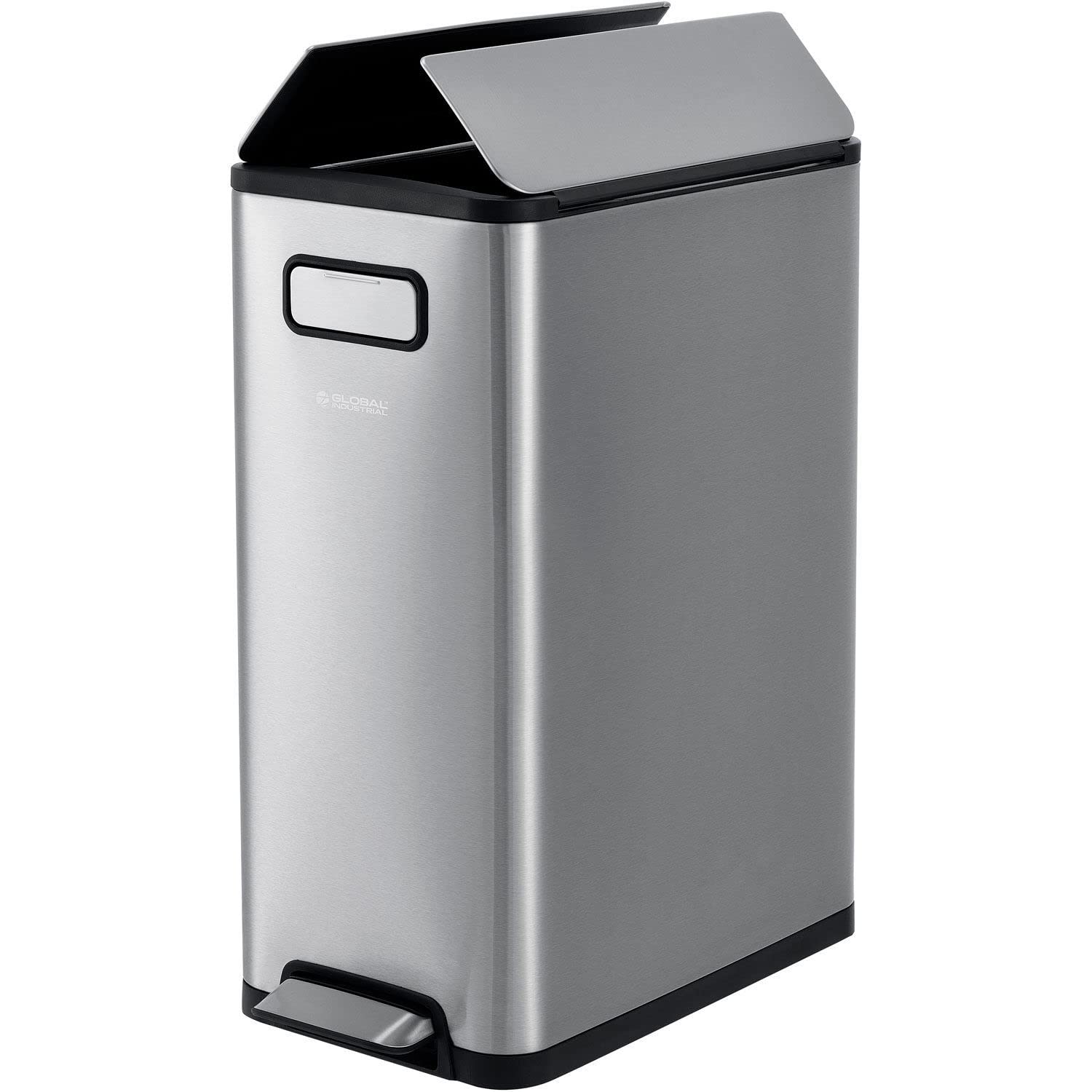 Global Industrial Rectangular Step On Trash Can with Butterfly Lid, Plastic Liner, 12 Gallon Capacity, 20-15/16"L x 10-13/16"W x 26" H, Brushed Stainless Steel