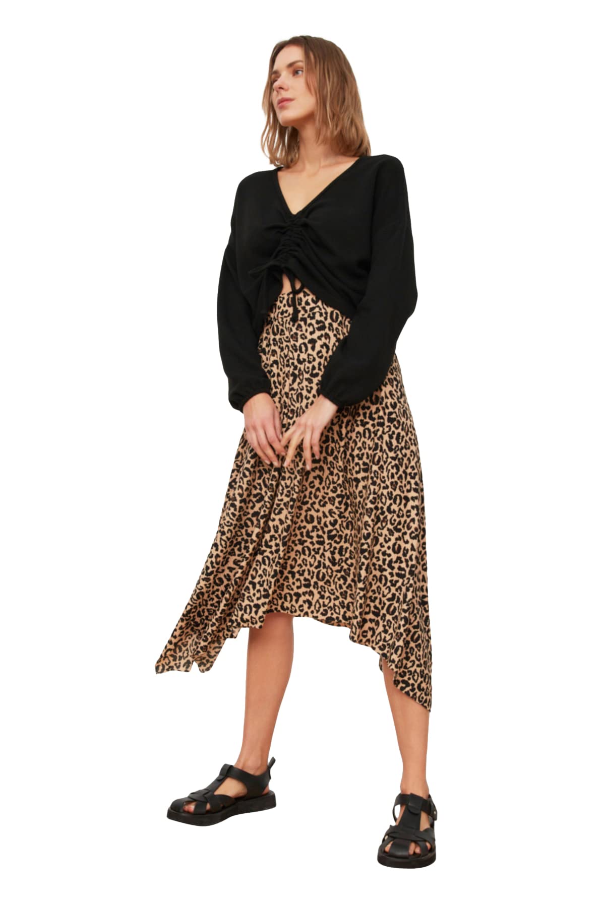Trendyol Falda de Tejido Regular asimétrico Midi para Mujer, marrón, 40