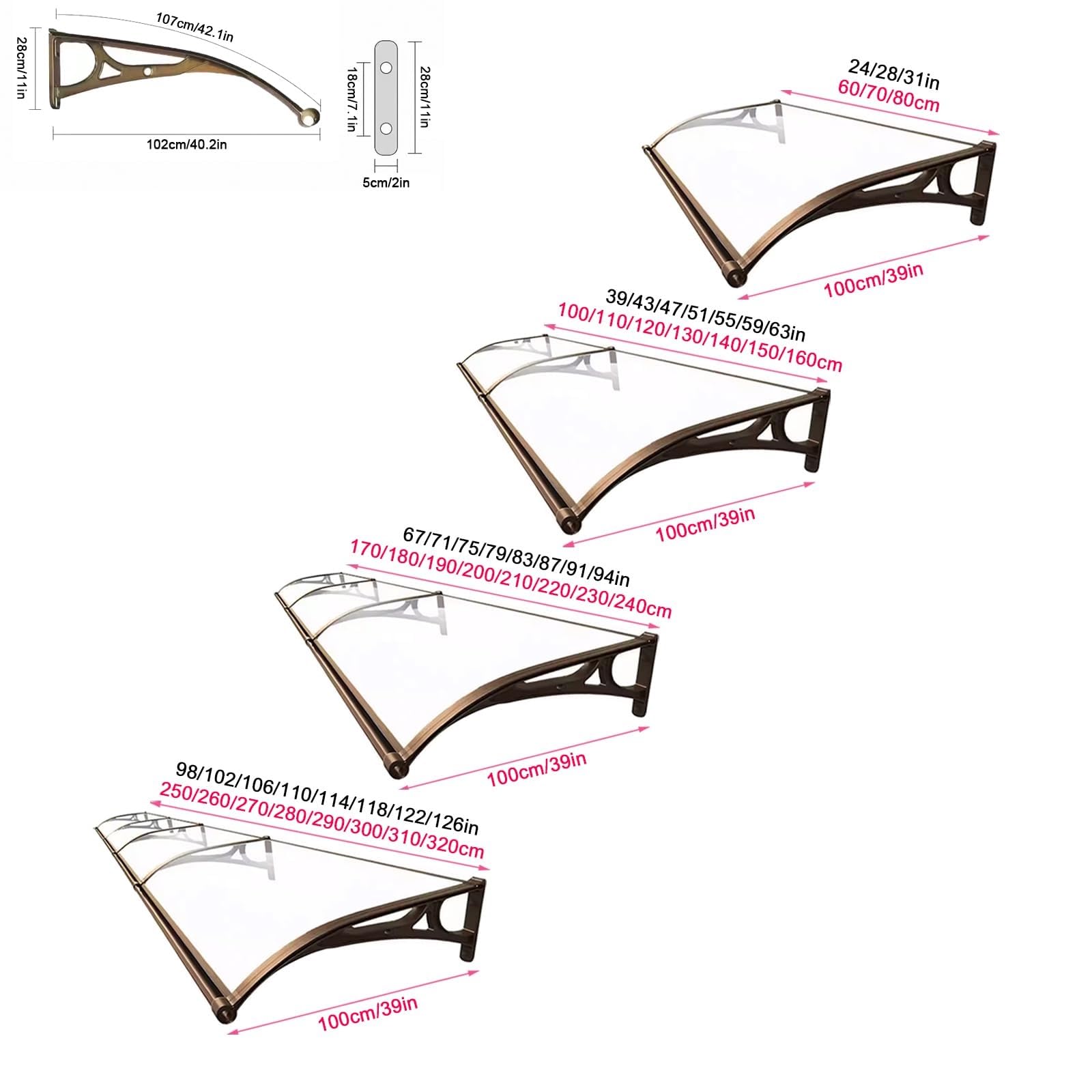 Toldo para puerta exterior, protección UV, cubierta de policarbonato, resistente a la corrosión, soporte de aluminio, protector de lluvia para puertas delanteras, 100 x 380 cm, refugio resistente a la